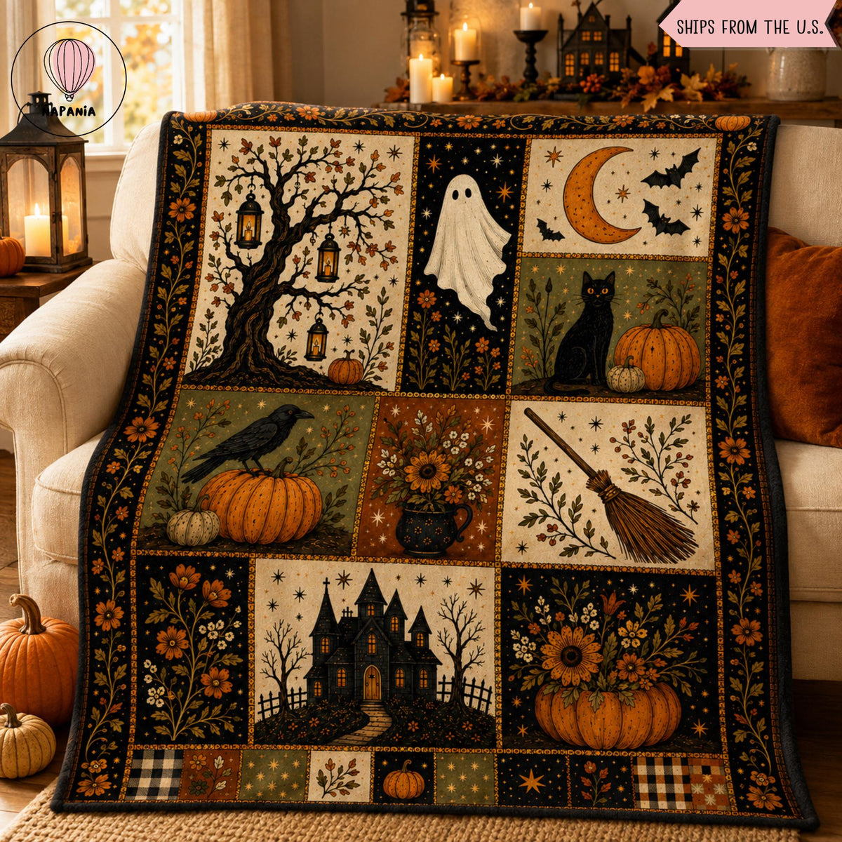 Vintage Halloween Flannel Blanket, Ghost Pumpkin Black Cat Throw, Haunted House Witch Broom Fall Decor, Gothic Cottagecore Autumn Gift