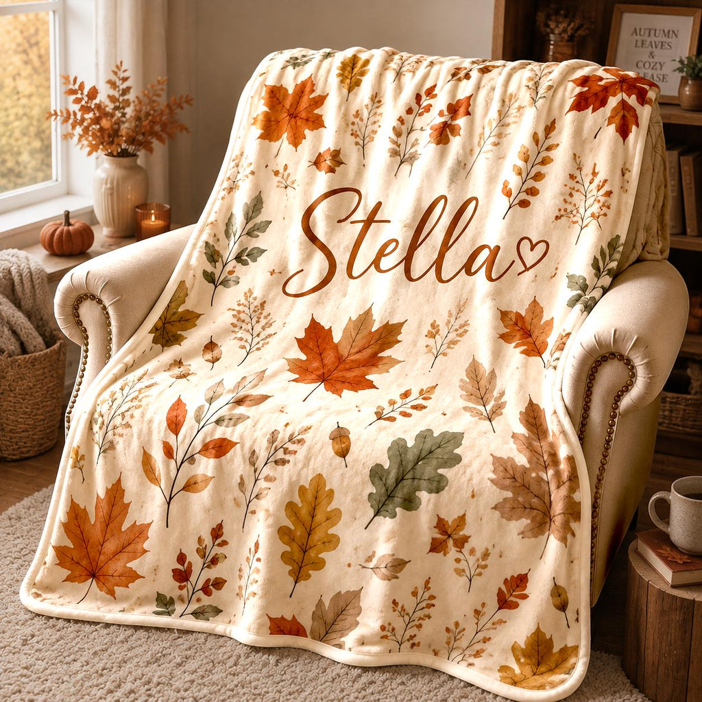Personalized Fall Leaf Blanket, Custom Name Fleece Throw, Autumn Botanical Blanket, Cozy Cottagecore Decor, Soft Gift for Her, Bedroom Throw