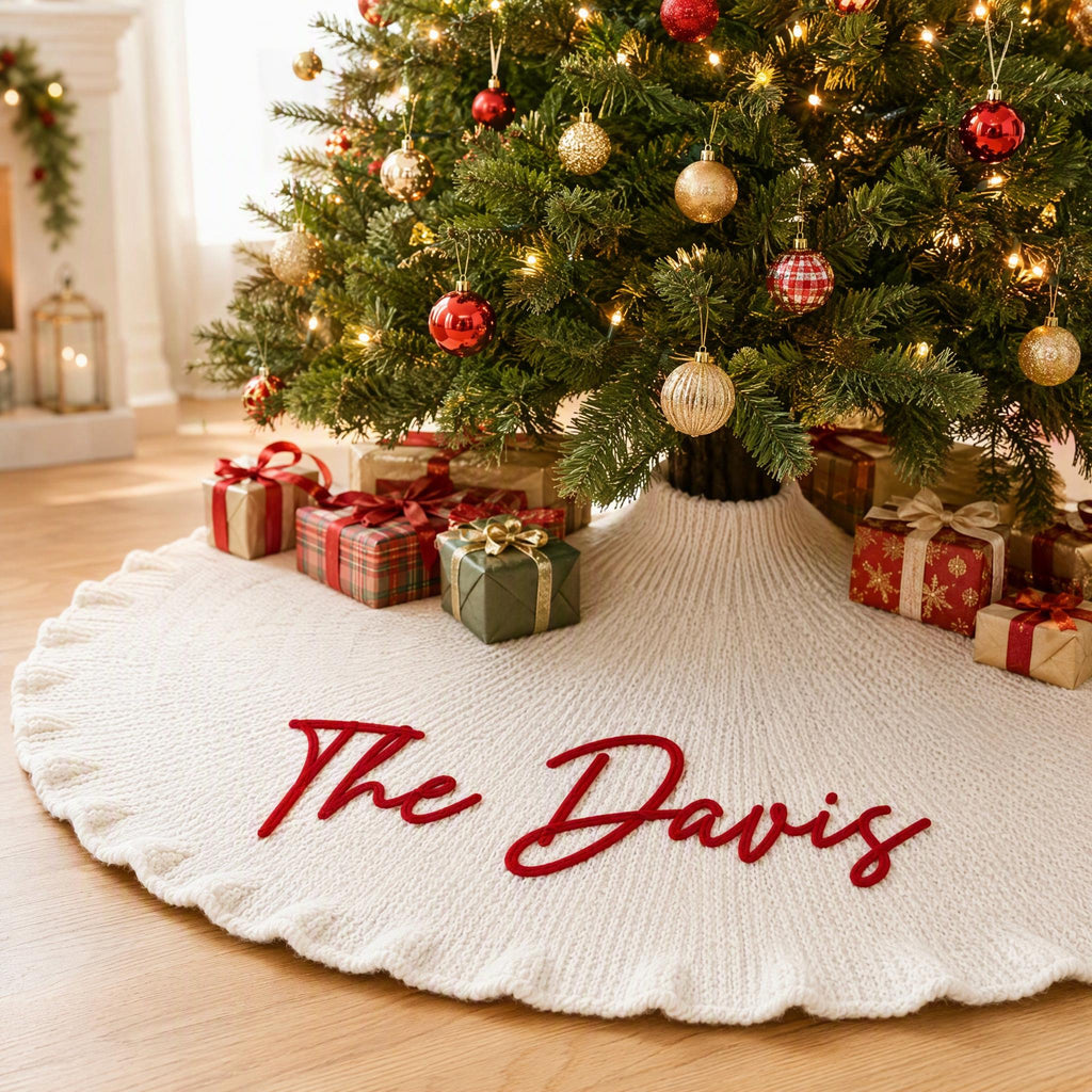Personalized Family Name Christmas Tree Skirts, Handmade Tree Skirt, Christmas Keepsake Gift, Christmas Home Decoration