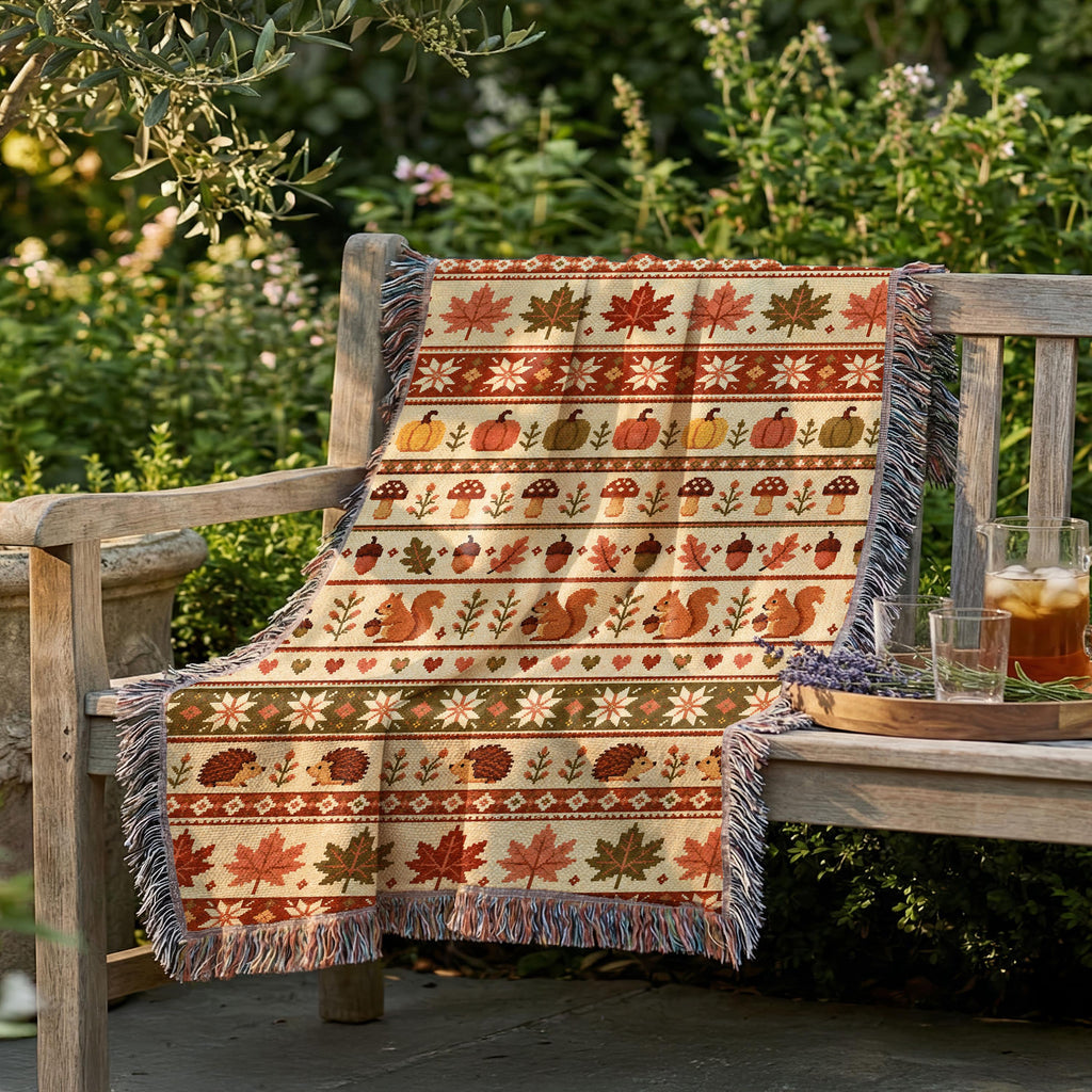 Woodland Fall Woven Blanket, Autumn Fair Isle Throw, Squirrel Hedgehog Blanket, Woodland Cottagecore Decor, Pumpkin Mushroom Fall Blanket