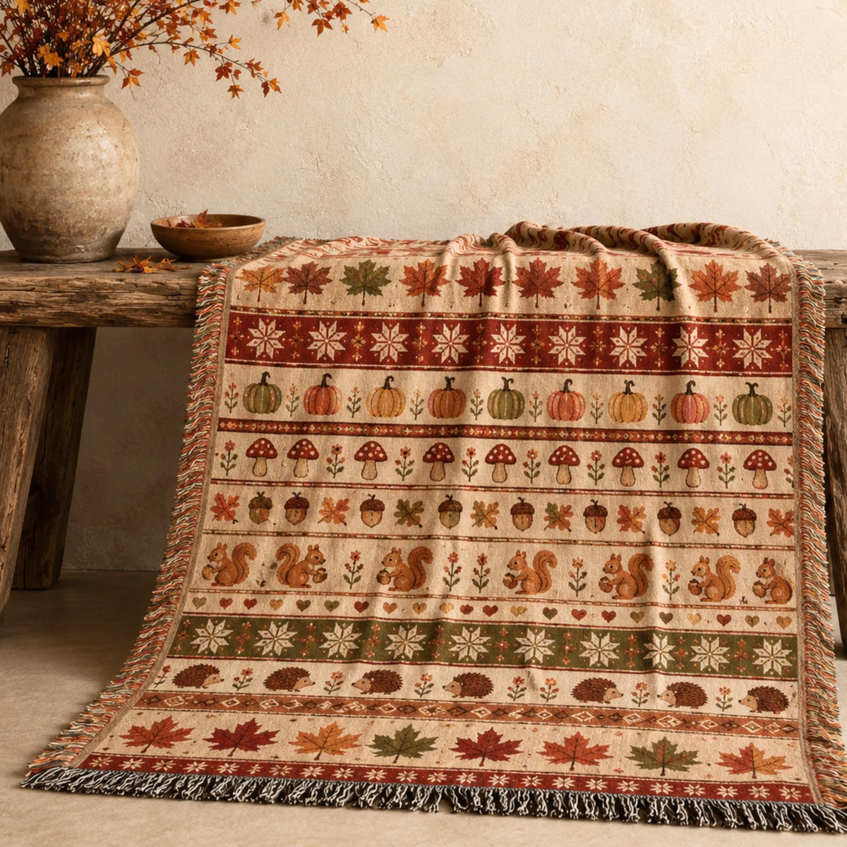 Woodland Fall Woven Blanket, Autumn Fair Isle Throw, Squirrel Hedgehog Blanket, Woodland Cottagecore Decor, Pumpkin Mushroom Fall Blanket