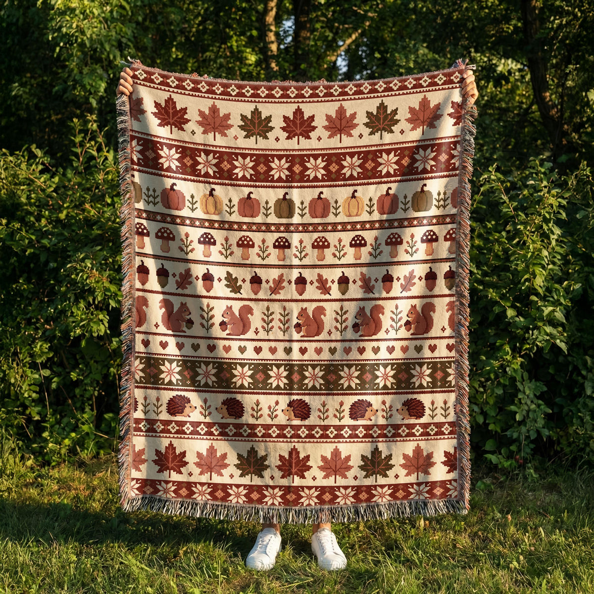 Woodland Fall Woven Blanket, Autumn Fair Isle Throw, Squirrel Hedgehog Blanket, Woodland Cottagecore Decor, Pumpkin Mushroom Fall Blanket