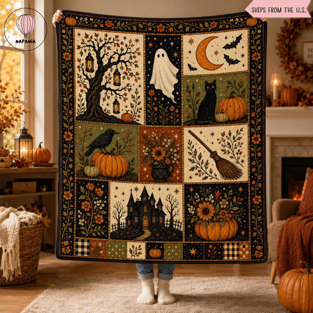Vintage Halloween Flannel Blanket, Ghost Pumpkin Black Cat Throw, Haunted House Witch Broom Fall Decor, Gothic Cottagecore Autumn Gift