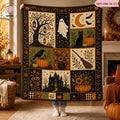 Vintage Halloween Flannel Blanket, Ghost Pumpkin Black Cat Throw, Haunted House Witch Broom Fall Decor, Gothic Cottagecore Autumn Gift
