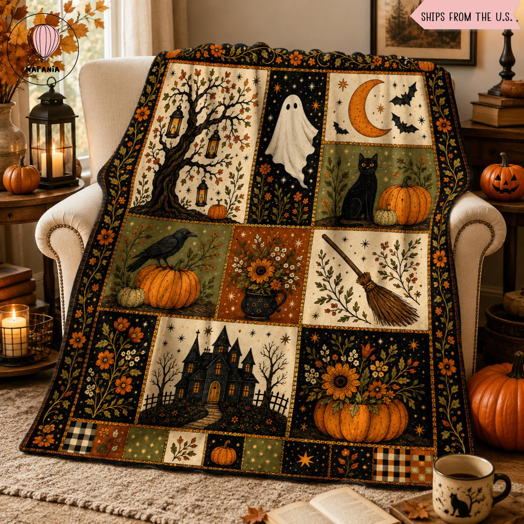 Vintage Halloween Flannel Blanket, Ghost Pumpkin Black Cat Throw, Haunted House Witch Broom Fall Decor, Gothic Cottagecore Autumn Gift