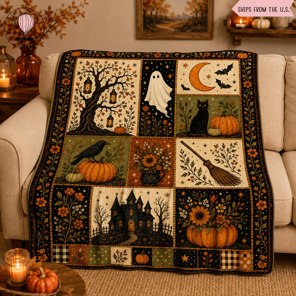 Vintage Halloween Flannel Blanket, Ghost Pumpkin Black Cat Throw, Haunted House Witch Broom Fall Decor, Gothic Cottagecore Autumn Gift