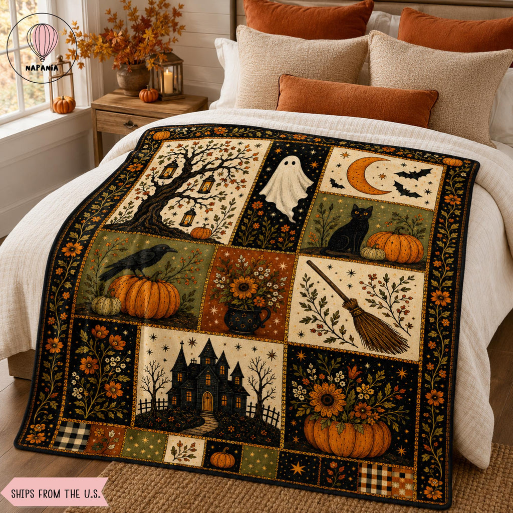Vintage Halloween Flannel Blanket, Ghost Pumpkin Black Cat Throw, Haunted House Witch Broom Fall Decor, Gothic Cottagecore Autumn Gift