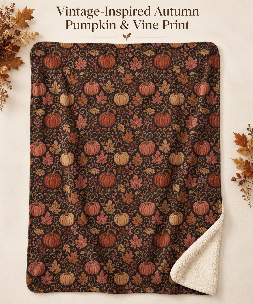 Jacquard-Inspired Pumpkin Fall Sherpa Blanket, Autumn Leaf Print Throw, Printed Jacquard