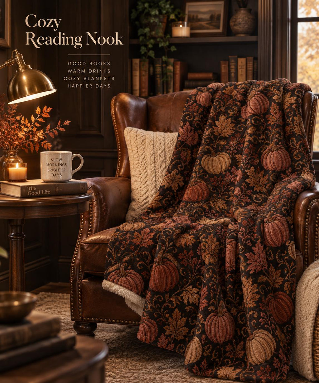 Jacquard-Inspired Pumpkin Fall Sherpa Blanket, Autumn Leaf Print Throw, Printed Jacquard