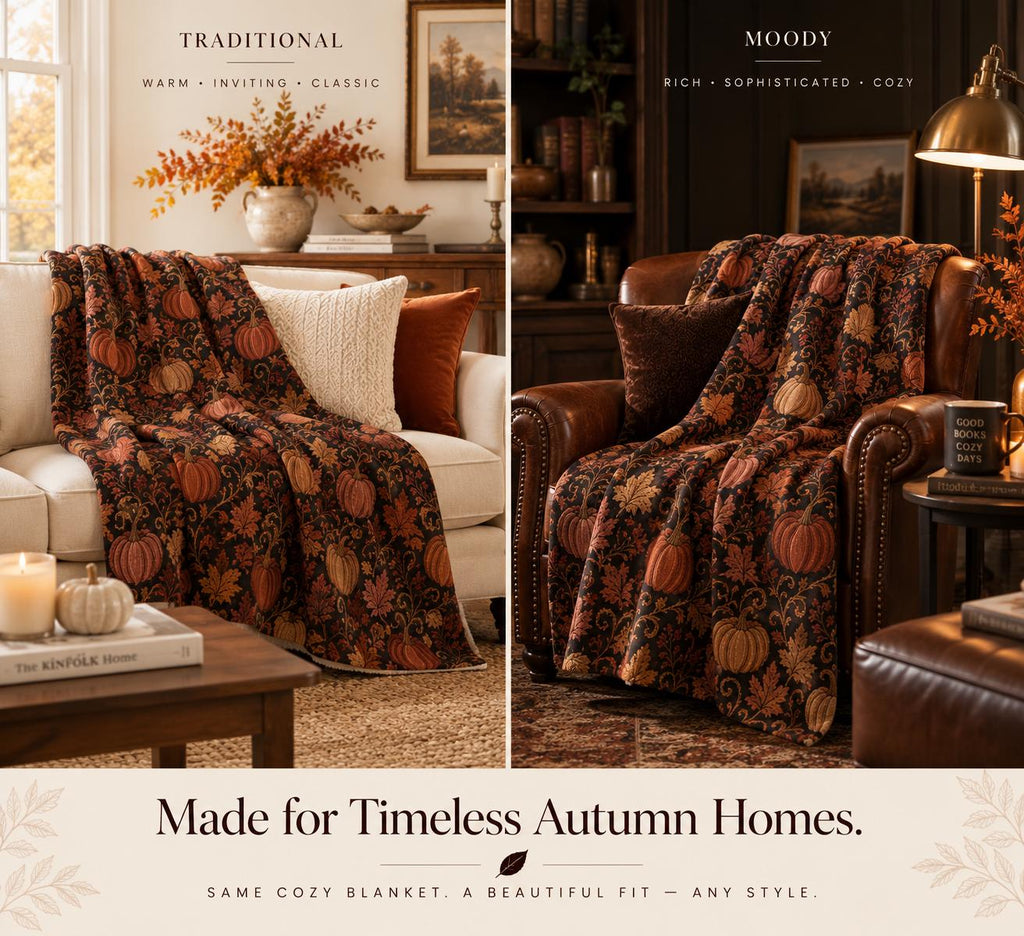 Jacquard-Inspired Pumpkin Fall Sherpa Blanket, Autumn Leaf Print Throw, Printed Jacquard