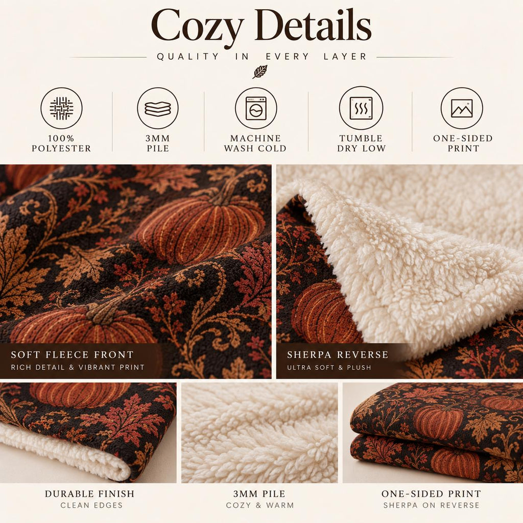 Jacquard-Inspired Pumpkin Fall Sherpa Blanket, Autumn Leaf Print Throw, Printed Jacquard