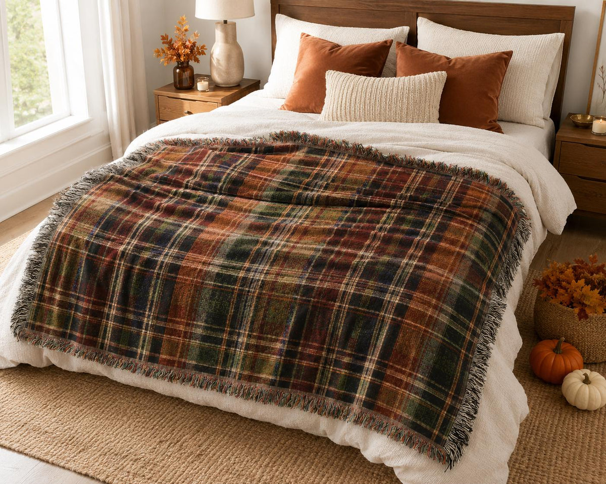 Rustic Plaid Pattern Woven Blanket | Autumn Tartan Throw