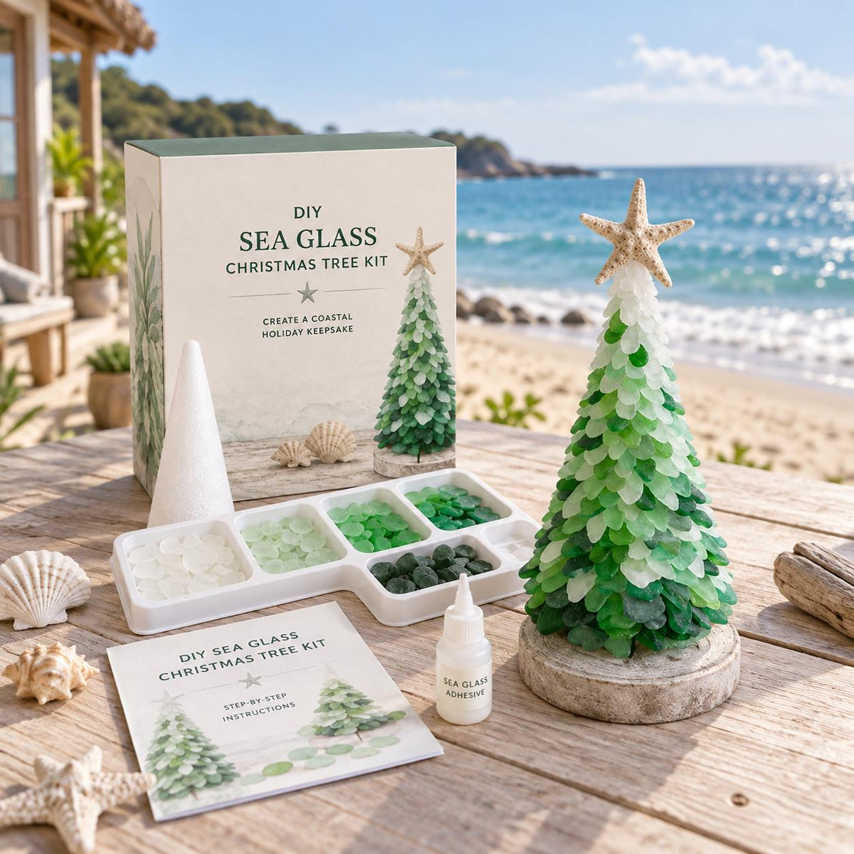 DIY Sea Glass Christmas Tree Kit,Coastal Christmas Craft, Handmade Christmas Gift, Coastal Christmas Gift Set