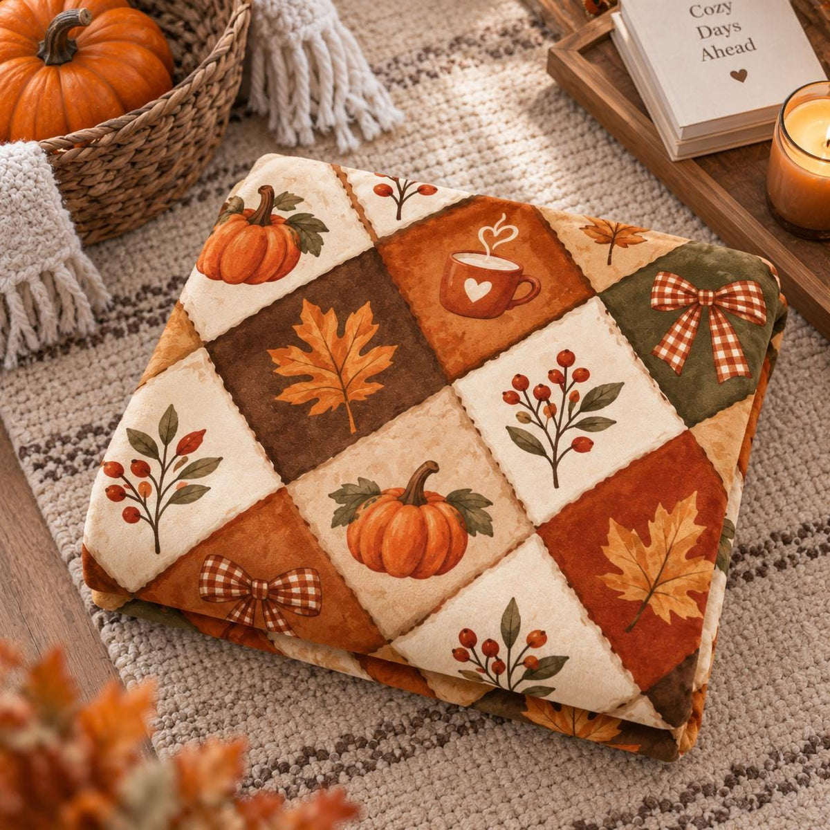 Fall Fleece Blanket, Cozy Autumn Throw Blanket, Pumpkin Maple Leaf Blanket, Rustic Fall Home Decor, Thanksgiving Season Gift