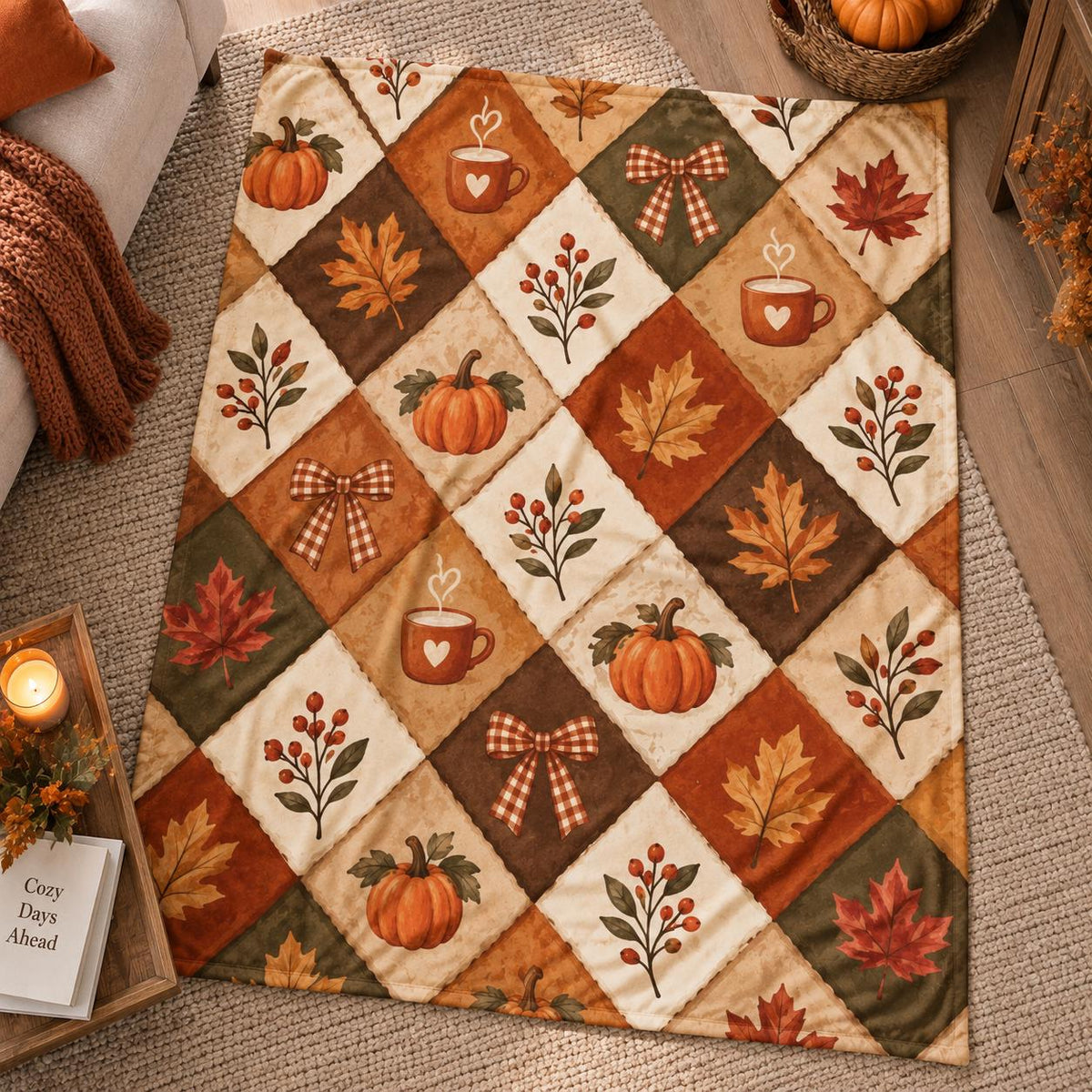 Fall Fleece Blanket, Cozy Autumn Throw Blanket, Pumpkin Maple Leaf Blanket, Rustic Fall Home Decor, Thanksgiving Season Gift