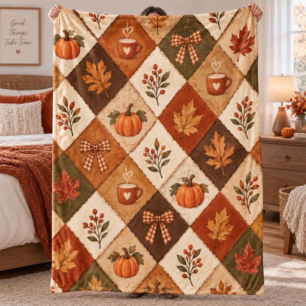 Fall Fleece Blanket, Cozy Autumn Throw Blanket, Pumpkin Maple Leaf Blanket, Rustic Fall Home Decor, Thanksgiving Season Gift