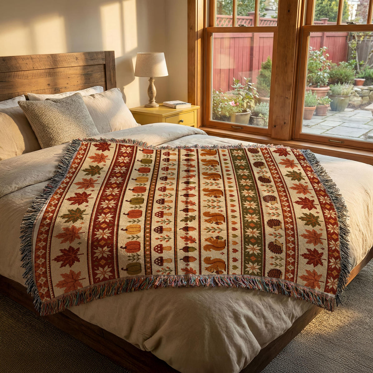 Woodland Fall Woven Blanket, Autumn Fair Isle Throw, Squirrel Hedgehog Blanket, Woodland Cottagecore Decor, Pumpkin Mushroom Fall Blanket
