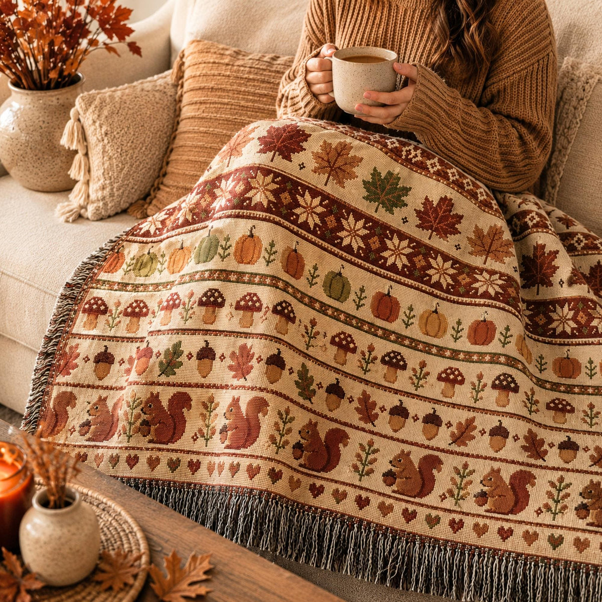 Woodland Fall Woven Blanket, Autumn Fair Isle Throw, Squirrel Hedgehog Blanket, Woodland Cottagecore Decor, Pumpkin Mushroom Fall Blanket