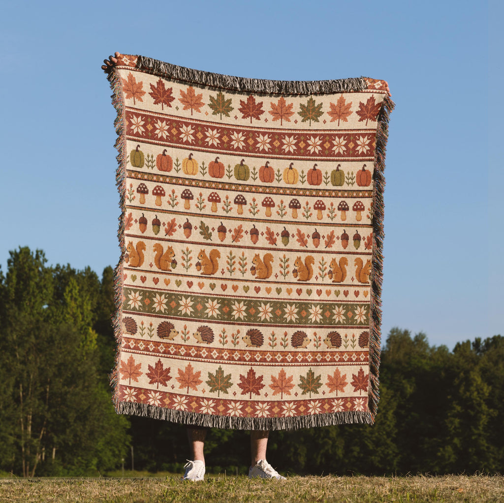 Woodland Fall Woven Blanket, Autumn Fair Isle Throw, Squirrel Hedgehog Blanket, Woodland Cottagecore Decor, Pumpkin Mushroom Fall Blanket