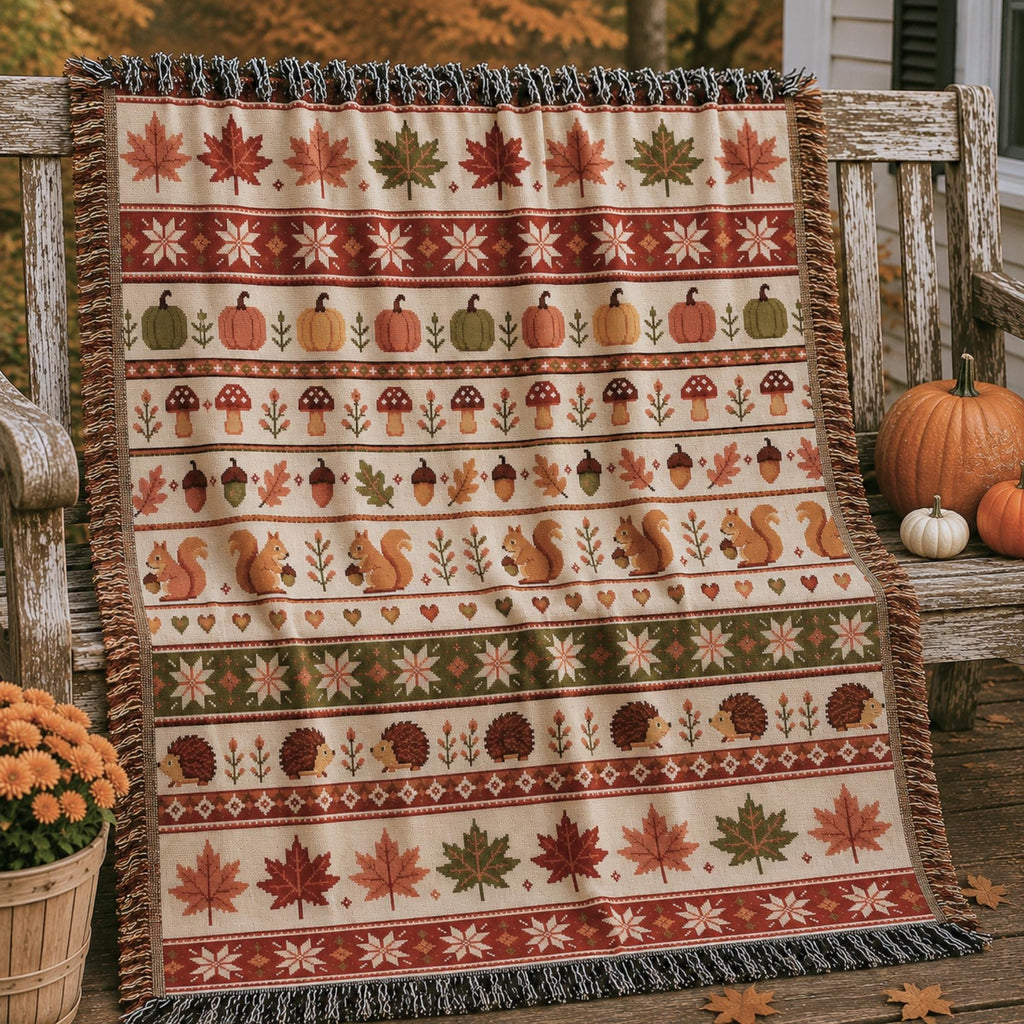 Woodland Fall Woven Blanket, Autumn Fair Isle Throw, Squirrel Hedgehog Blanket, Woodland Cottagecore Decor, Pumpkin Mushroom Fall Blanket
