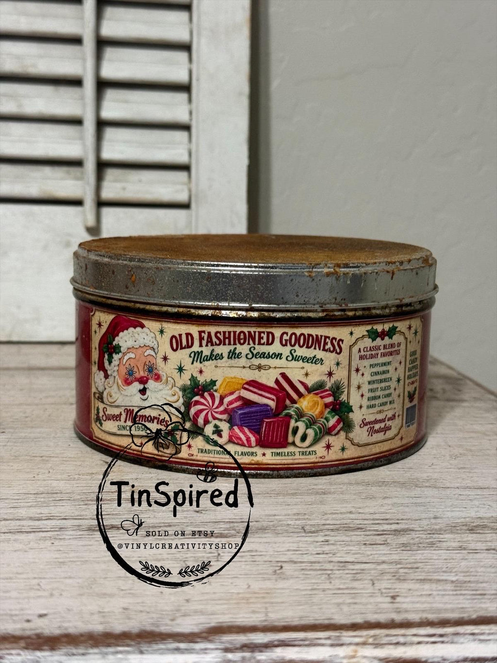 Vintage Christmas Candy Tin | Starry Eyed Santa Tin | Old Fashioned Christmas Candy | Retro Santa Decor | Rustic Holiday Tin