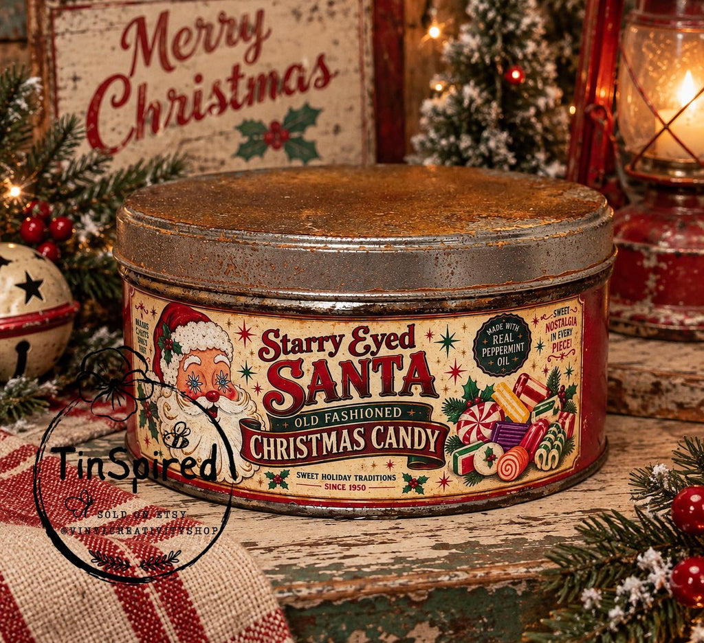 Vintage Christmas Candy Tin | Starry Eyed Santa Tin | Old Fashioned Christmas Candy | Retro Santa Decor | Rustic Holiday Tin