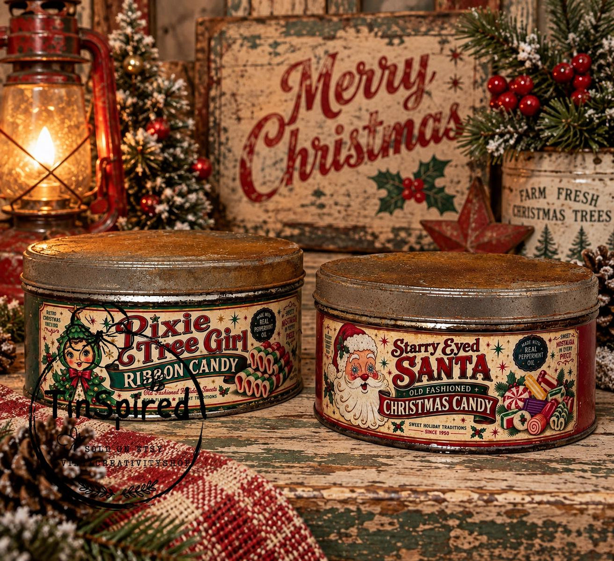 Vintage Christmas Candy Tin | Starry Eyed Santa Tin | Old Fashioned Christmas Candy | Retro Santa Decor | Rustic Holiday Tin
