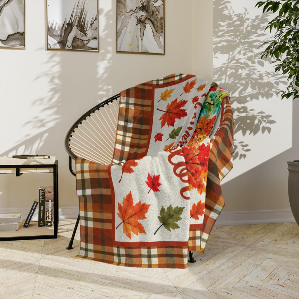 Fall Is My Favorite Color Velveteen Microfiber Blanket Throw, Plaid Autumn Leaves