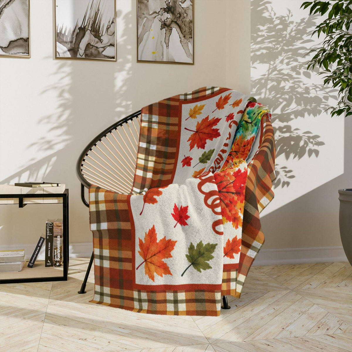 Fall Is My Favorite Color Velveteen Microfiber Blanket Throw, Plaid Autumn Leaves