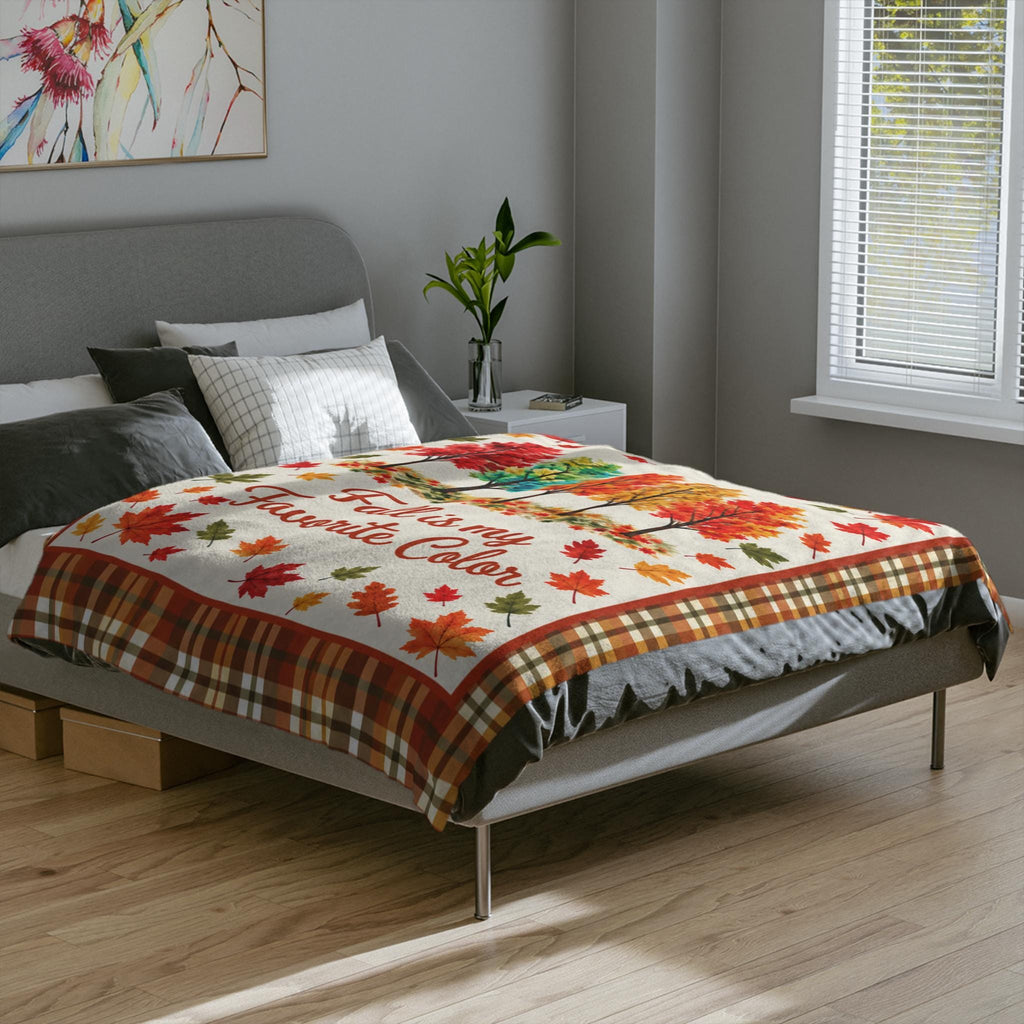 Fall Is My Favorite Color Velveteen Microfiber Blanket Throw, Plaid Autumn Leaves