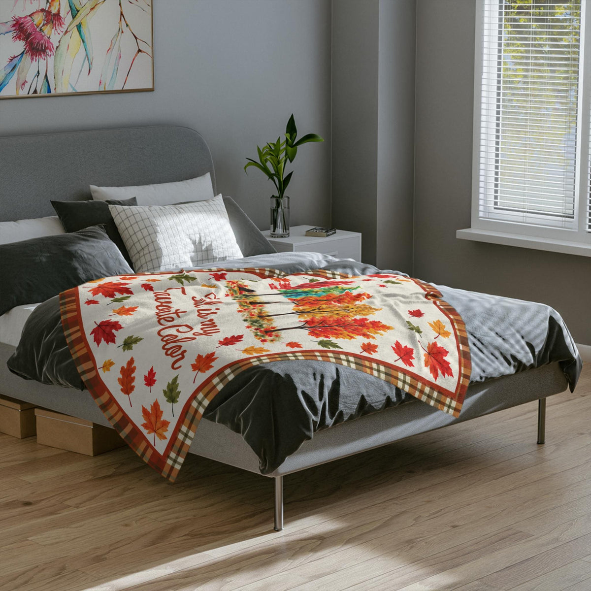Fall Is My Favorite Color Velveteen Microfiber Blanket Throw, Plaid Autumn Leaves