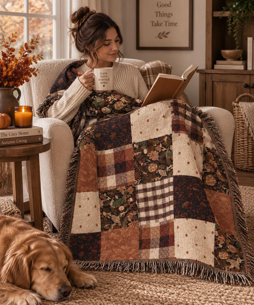 Patchwork Floral Plaid Woven Blanket | Autumn Rustic Throw