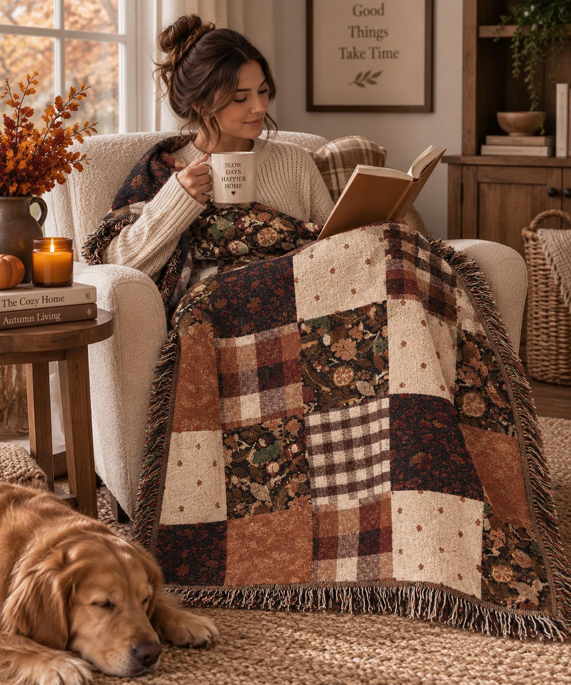 Patchwork Floral Plaid Woven Blanket | Autumn Rustic Throw