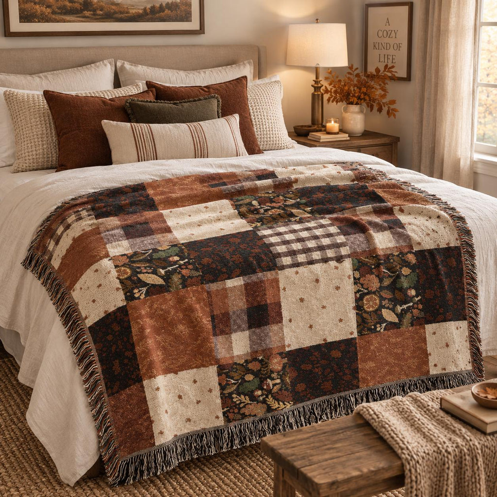Patchwork Floral Plaid Woven Blanket | Autumn Rustic Throw