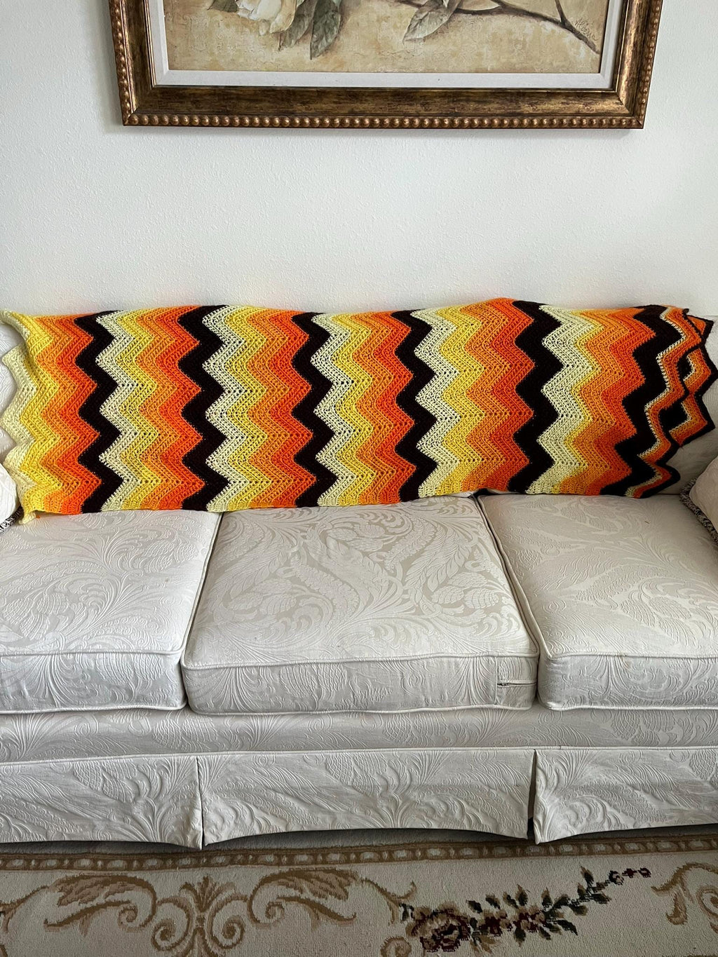 Vintage Crochet Afghan Chevron Zig Zag Orange Fall Autumn Colors 49 X 63