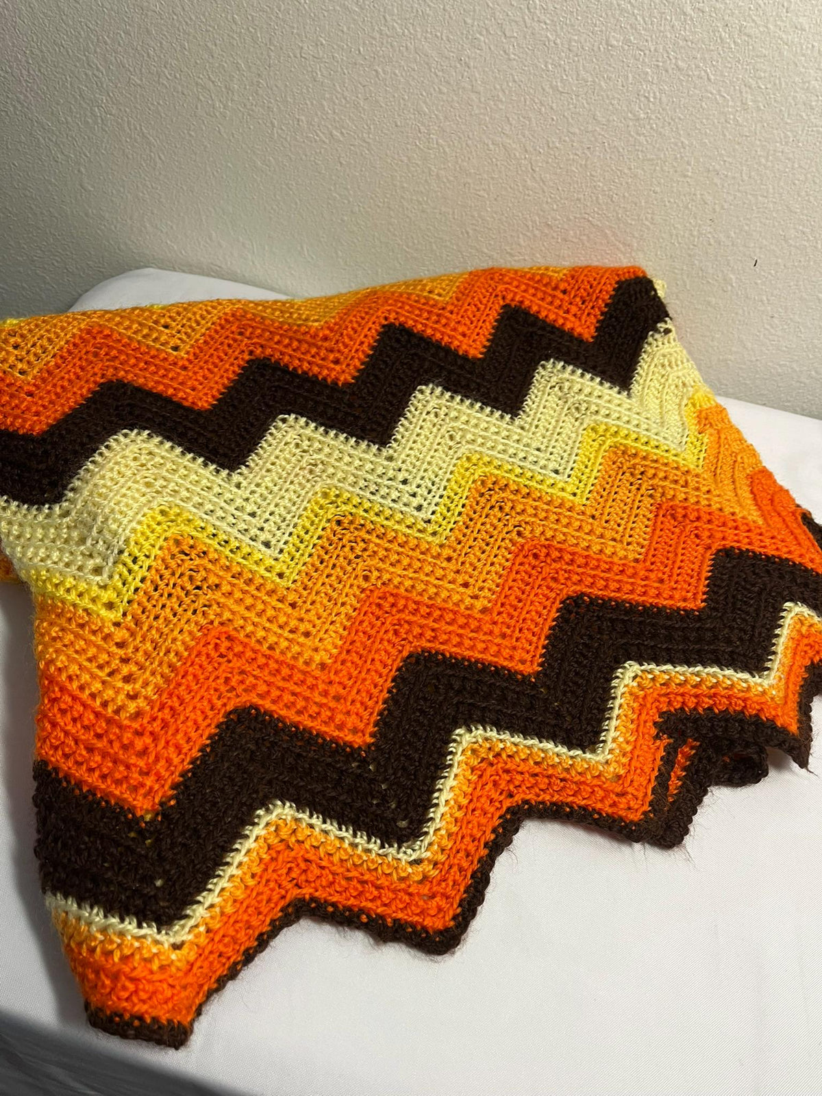 Vintage Crochet Afghan Chevron Zig Zag Orange Fall Autumn Colors 49 X 63