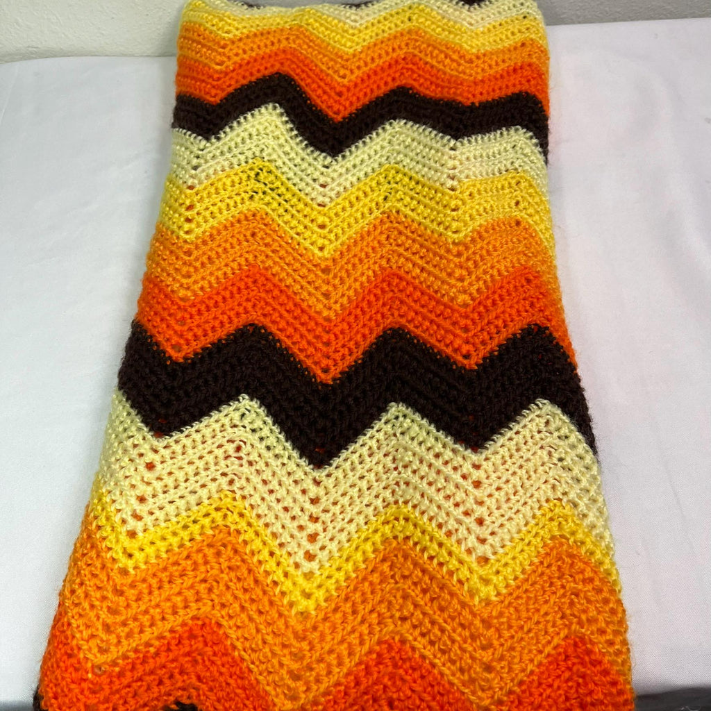 Vintage Crochet Afghan Chevron Zig Zag Orange Fall Autumn Colors 49 X 63