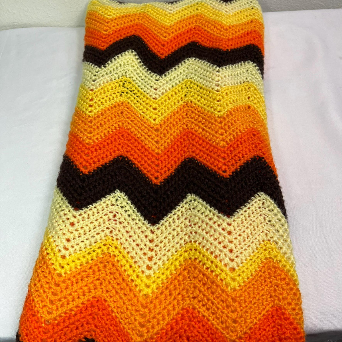 Vintage Crochet Afghan Chevron Zig Zag Orange Fall Autumn Colors 49 X 63
