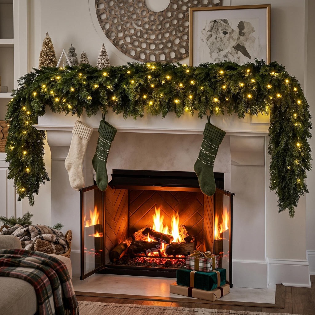 Pre-Lit Norfolk Pine Garland | Realistic Faux Evergreen Holiday Decor | Lighted Christmas Mantel Garland | Warm LED Fairy Lights Winter