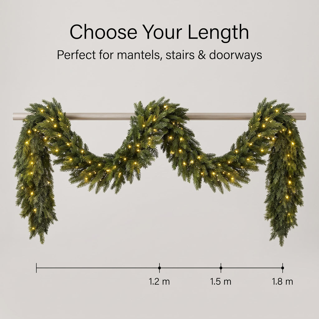 Pre-Lit Norfolk Pine Garland | Realistic Faux Evergreen Holiday Decor | Lighted Christmas Mantel Garland | Warm LED Fairy Lights Winter
