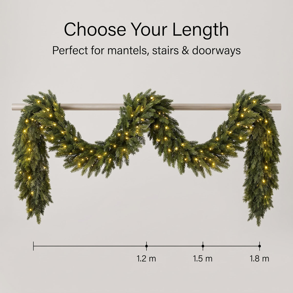 Pre-Lit Norfolk Pine Garland | Realistic Faux Evergreen Holiday Decor | Lighted Christmas Mantel Garland | Warm LED Fairy Lights Winter