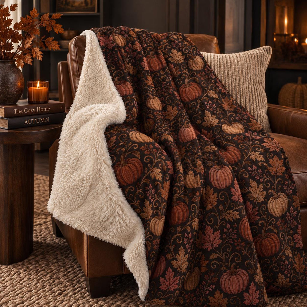 Jacquard-Inspired Pumpkin Fall Sherpa Blanket, Autumn Leaf Print Throw, Printed Jacquard