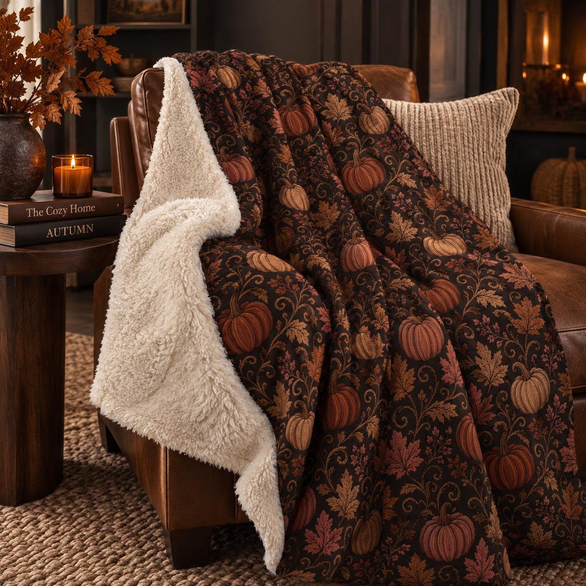 Jacquard-Inspired Pumpkin Fall Sherpa Blanket, Autumn Leaf Print Throw, Printed Jacquard