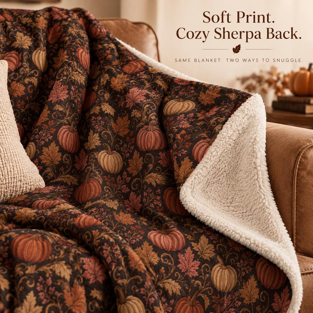 Jacquard-Inspired Pumpkin Fall Sherpa Blanket, Autumn Leaf Print Throw, Printed Jacquard