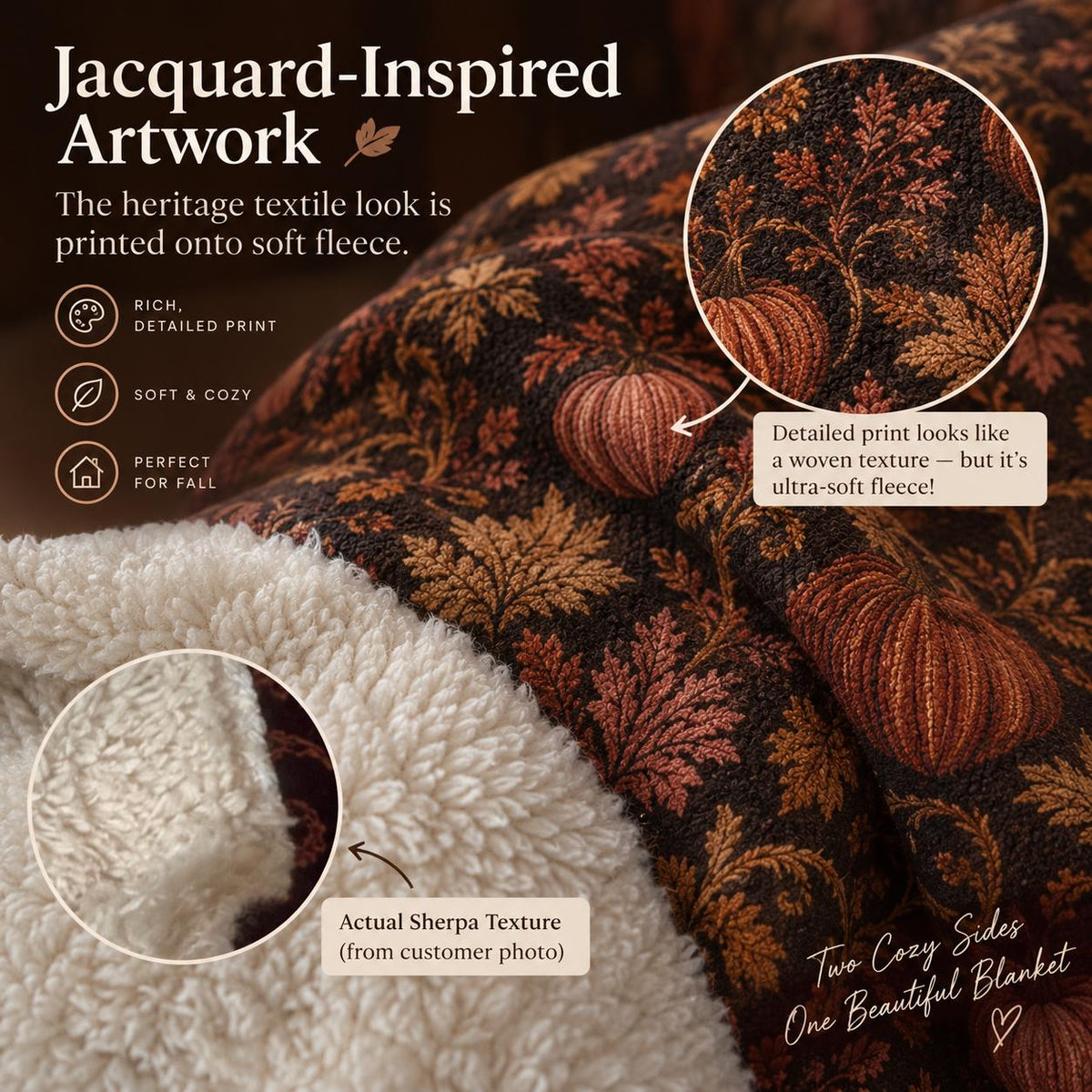 Jacquard-Inspired Pumpkin Fall Sherpa Blanket, Autumn Leaf Print Throw, Printed Jacquard