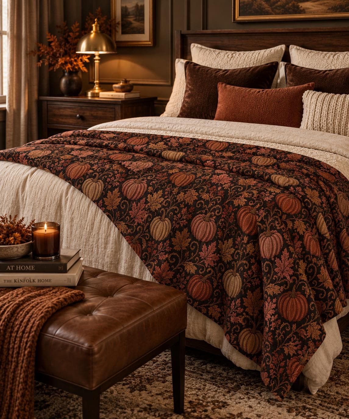 Jacquard-Inspired Pumpkin Fall Sherpa Blanket, Autumn Leaf Print Throw, Printed Jacquard