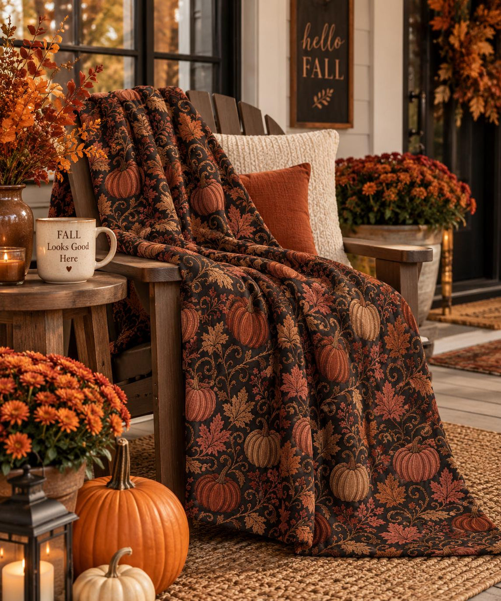 Jacquard-Inspired Pumpkin Fall Sherpa Blanket, Autumn Leaf Print Throw, Printed Jacquard