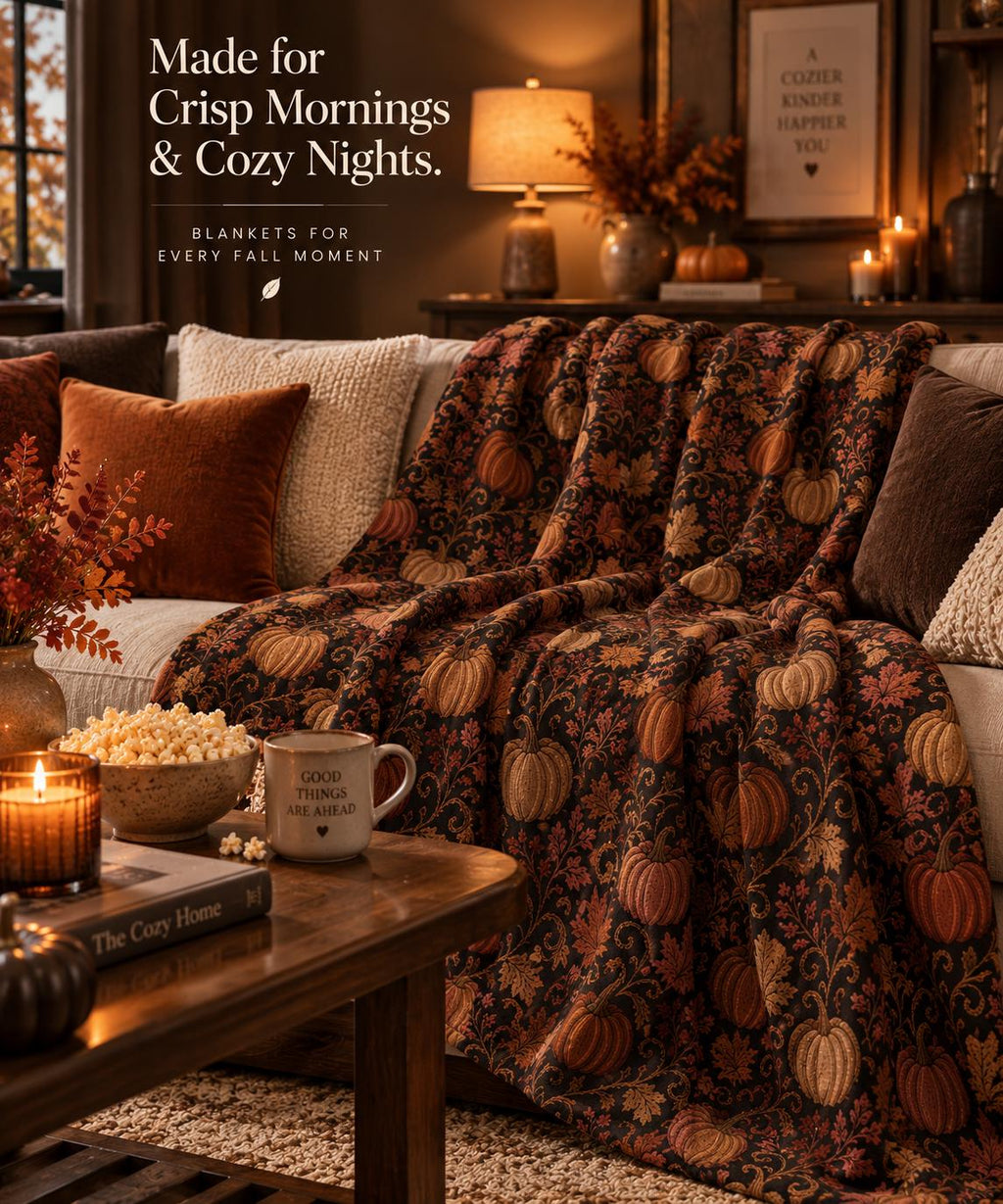 Jacquard-Inspired Pumpkin Fall Sherpa Blanket, Autumn Leaf Print Throw, Printed Jacquard
