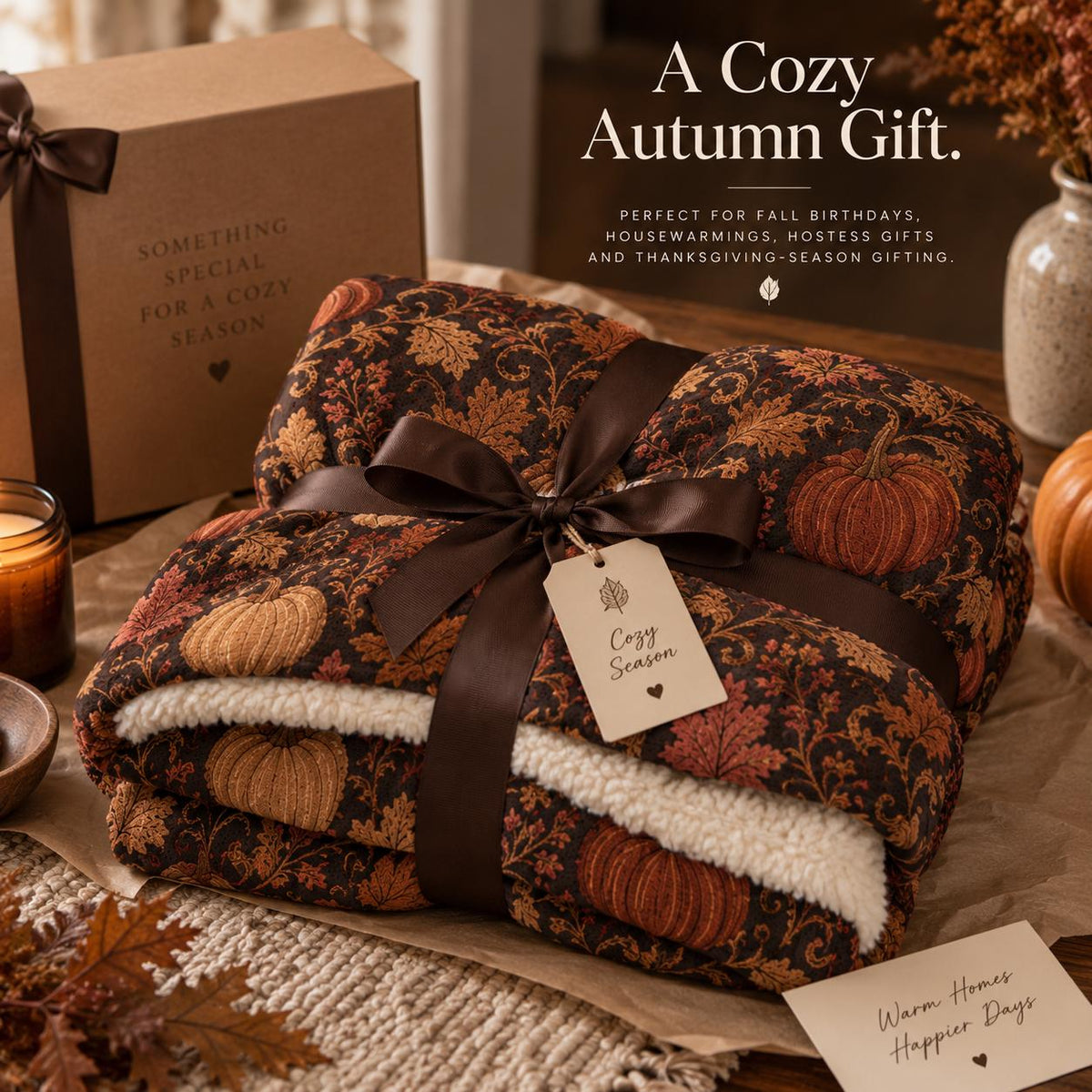 Jacquard-Inspired Pumpkin Fall Sherpa Blanket, Autumn Leaf Print Throw, Printed Jacquard