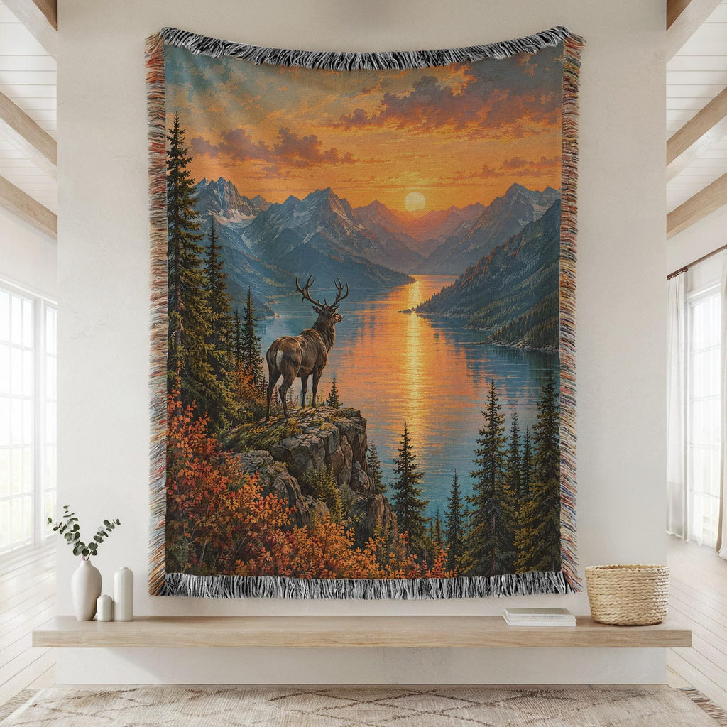 Stag Blanket Woven Throw, Forest Deer and Mountain Lake Cotton Blanket, Woodland Nature Decor Gift